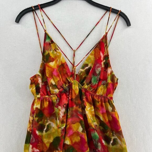 BB Dakota Maxi Dress Sz S Orange Floral Deep V-Neck Thin Strap A-Line High Waist - Picture 6 of 14